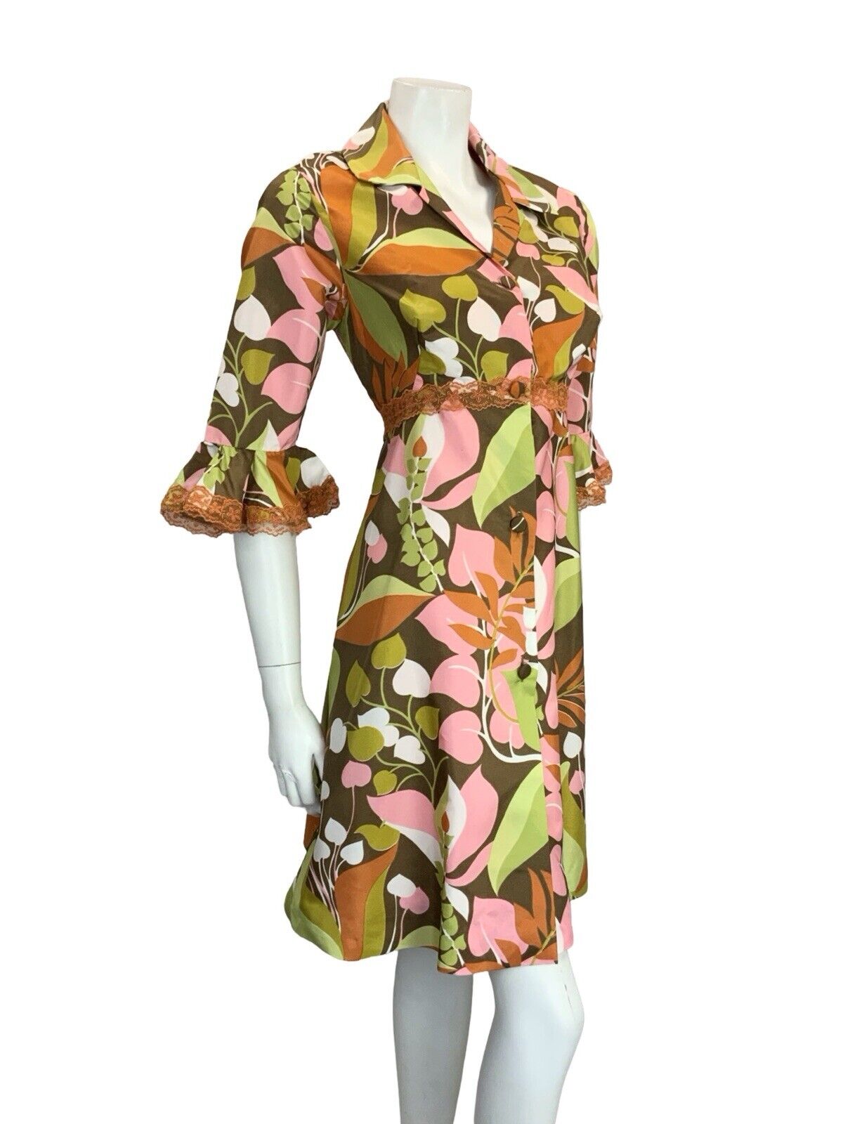 VTG 70S GREEN PINK ORANGE LACE RUFFLE BUTTON DOWN SHIRT DRESS HOUSE COAT 10