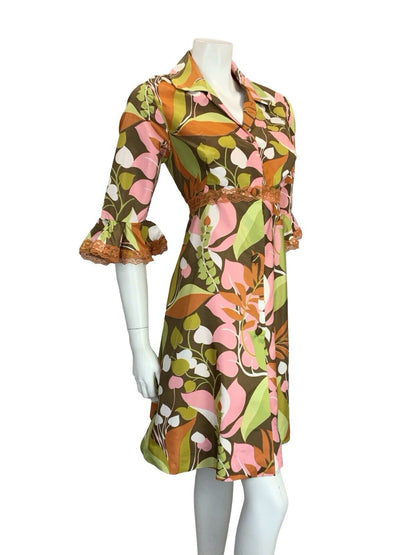 VTG 70S GREEN PINK ORANGE LACE RUFFLE BUTTON DOWN SHIRT DRESS HOUSE COAT 10