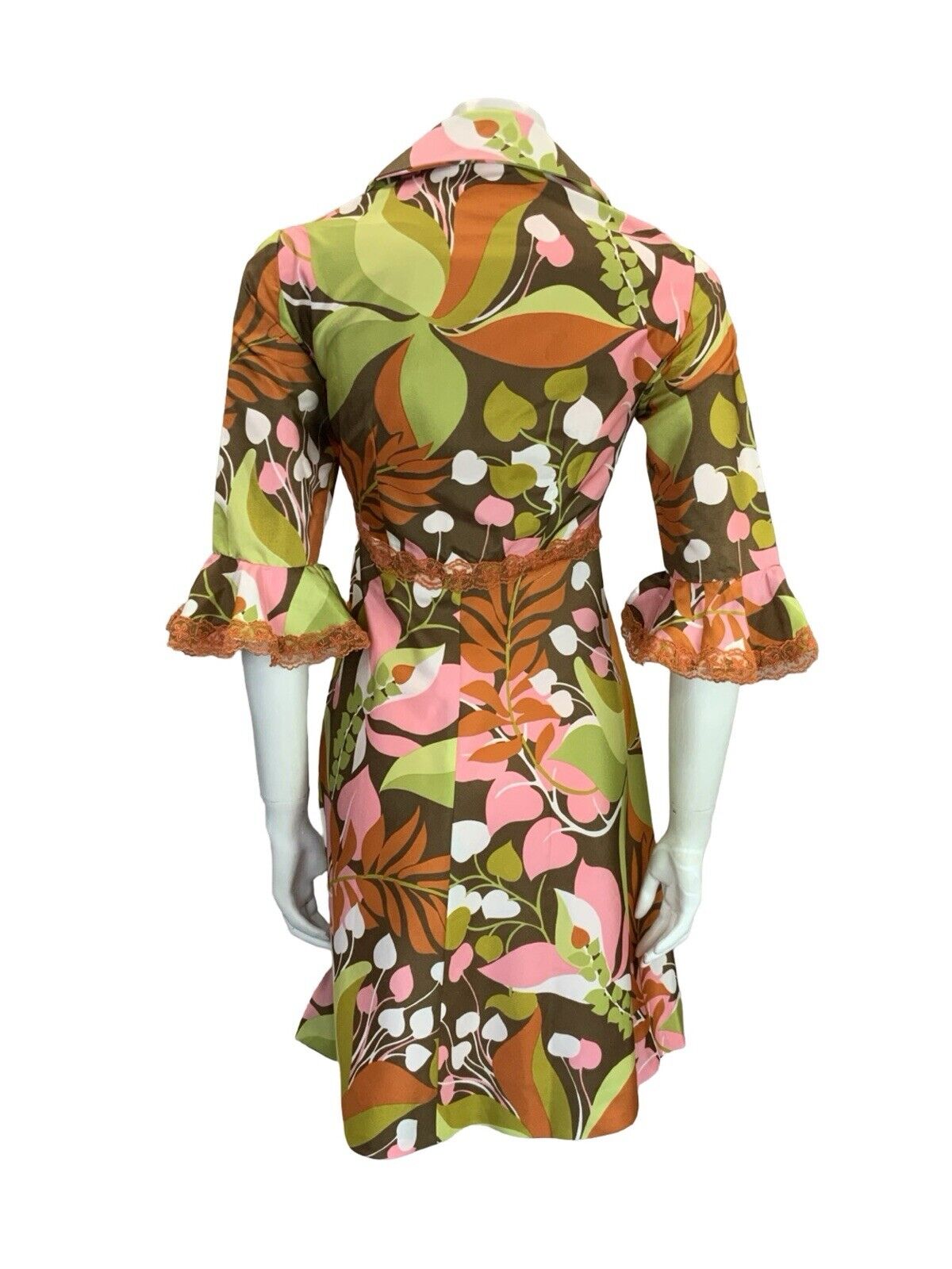 VTG 70S GREEN PINK ORANGE LACE RUFFLE BUTTON DOWN SHIRT DRESS HOUSE COAT 10