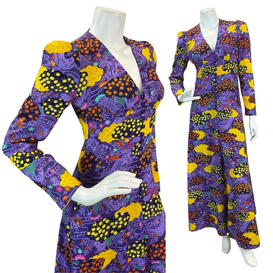 VTG 70S PSYCHEDELIC PURPLE YELLOW BLACK HIPPY GLAM FESTIVAL MAXI DRESS 8