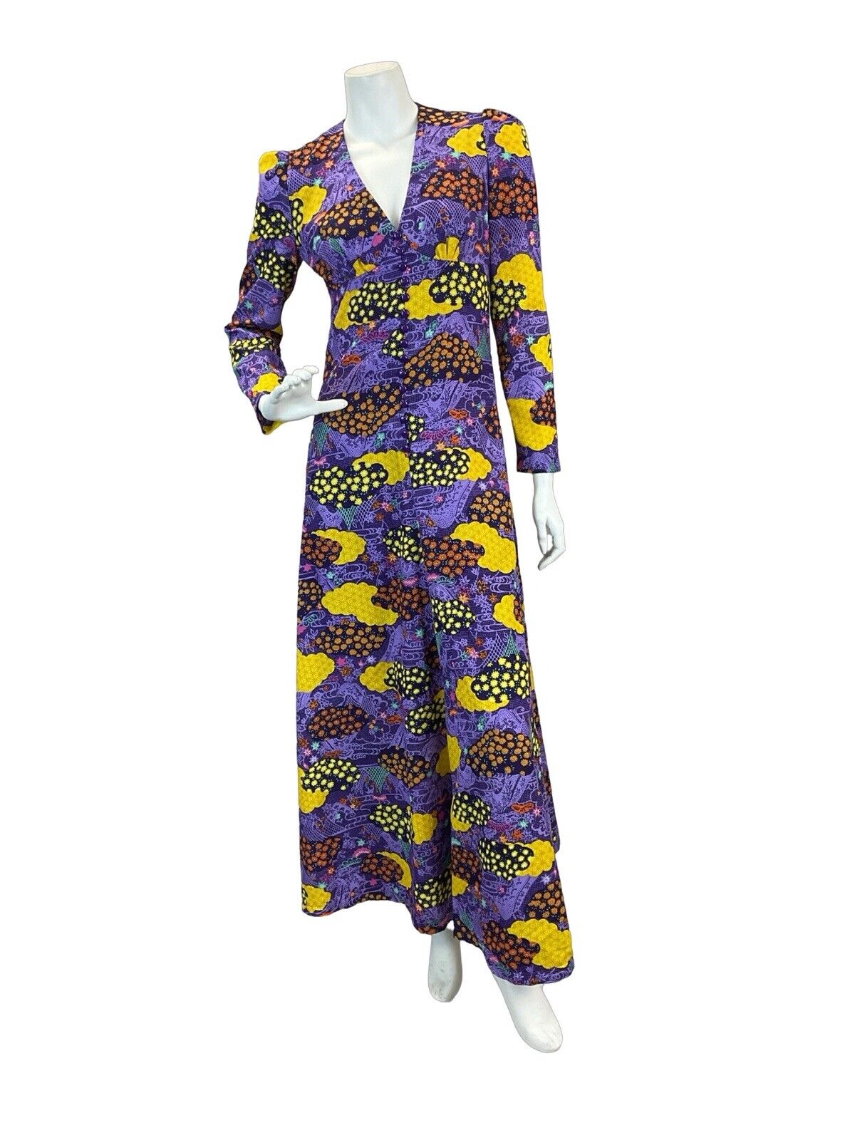 VTG 70S PSYCHEDELIC PURPLE YELLOW BLACK HIPPY GLAM FESTIVAL MAXI DRESS 8