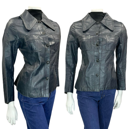 VTG 60S 70S DARK NAVY BLUE DOG EAR COLLAR SHORT LEATHER JACKET W POCKETS 8