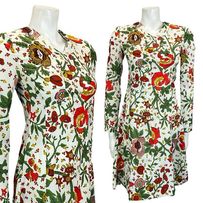 VTG 60S 70S WHITE RED GREEN YELLOW FLORAL BOHO ILLUSTRATIVE A LINE DRESS 8