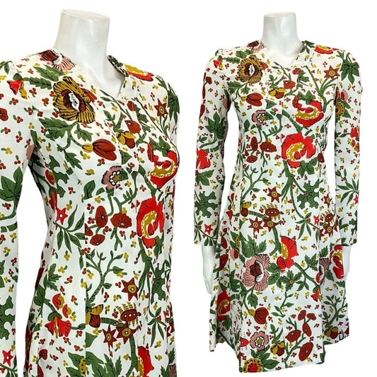 VTG 60S 70S WHITE RED GREEN YELLOW FLORAL BOHO ILLUSTRATIVE A LINE DRESS 8