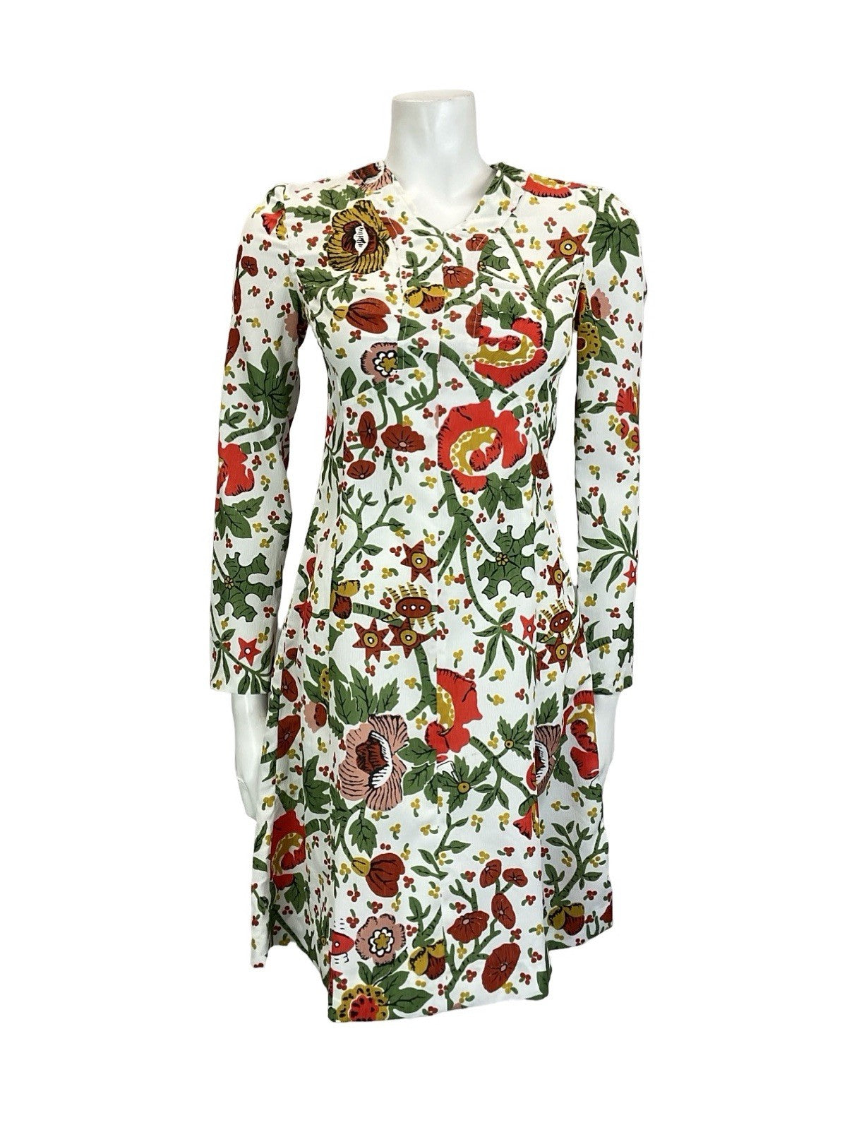 VTG 60S 70S WHITE RED GREEN YELLOW FLORAL BOHO ILLUSTRATIVE A LINE DRESS 8
