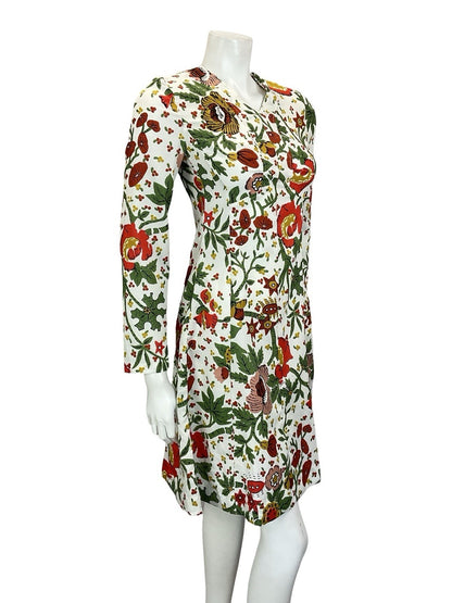 VTG 60S 70S WHITE RED GREEN YELLOW FLORAL BOHO ILLUSTRATIVE A LINE DRESS 8