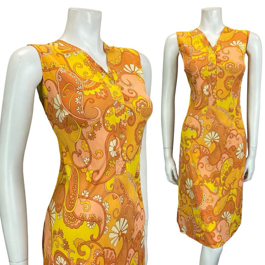 VTG 60S 70S ORANGE YELLOW WHITE PSYCHEDELIC MOD PAISLEY FLORAL SHIFT DRESS 12 14