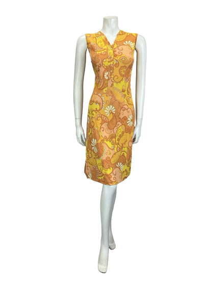 VTG 60S 70S ORANGE YELLOW WHITE PSYCHEDELIC MOD PAISLEY FLORAL SHIFT DRESS 12 14