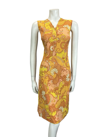VTG 60S 70S ORANGE YELLOW WHITE PSYCHEDELIC MOD PAISLEY FLORAL SHIFT DRESS 12 14