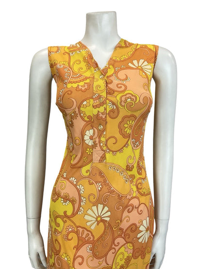 VTG 60S 70S ORANGE YELLOW WHITE PSYCHEDELIC MOD PAISLEY FLORAL SHIFT DRESS 12 14