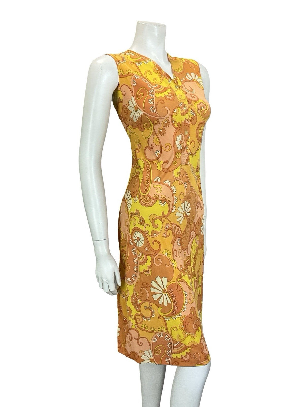 VTG 60S 70S ORANGE YELLOW WHITE PSYCHEDELIC MOD PAISLEY FLORAL SHIFT DRESS 12 14