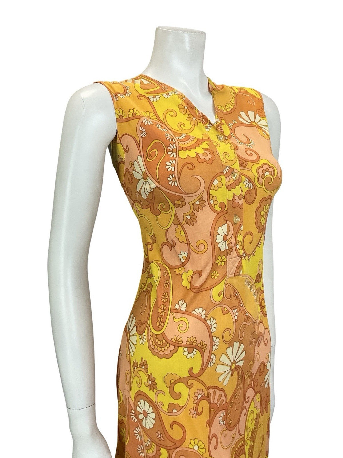 VTG 60S 70S ORANGE YELLOW WHITE PSYCHEDELIC MOD PAISLEY FLORAL SHIFT DRESS 12 14
