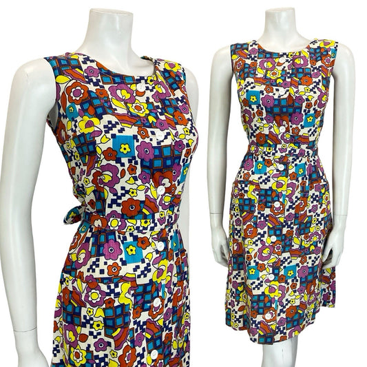VTG 60S 70S MOD WHITE BLUE PINK YELLOW GEOMETRIC FLORAL BELTED SUN DRESS 10 12