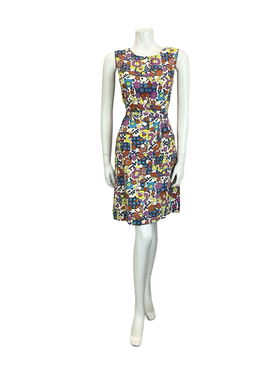 VTG 60S 70S MOD WHITE BLUE PINK YELLOW GEOMETRIC FLORAL BELTED SUN DRESS 10 12