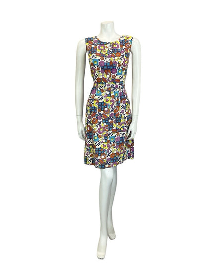 VTG 60S 70S MOD WHITE BLUE PINK YELLOW GEOMETRIC FLORAL BELTED SUN DRESS 10 12
