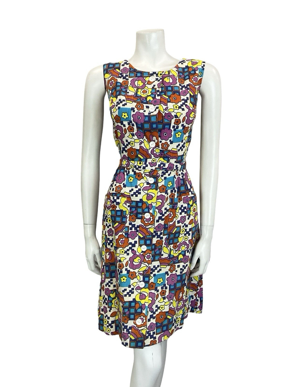 VTG 60S 70S MOD WHITE BLUE PINK YELLOW GEOMETRIC FLORAL BELTED SUN DRESS 10 12