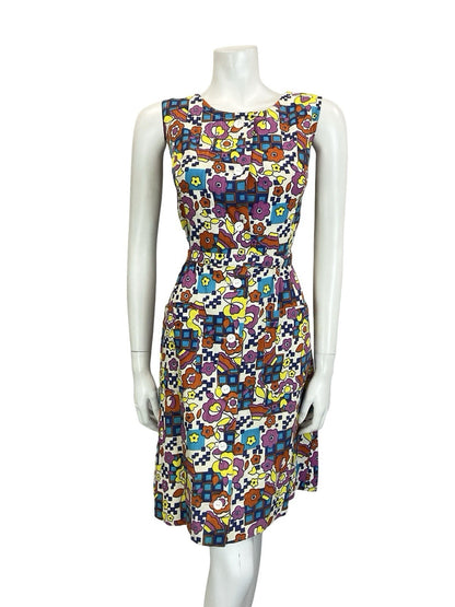 VTG 60S 70S MOD WHITE BLUE PINK YELLOW GEOMETRIC FLORAL BELTED SUN DRESS 10 12