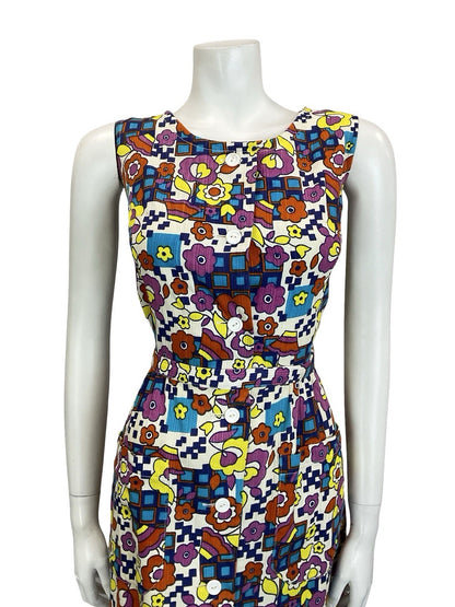 VTG 60S 70S MOD WHITE BLUE PINK YELLOW GEOMETRIC FLORAL BELTED SUN DRESS 10 12