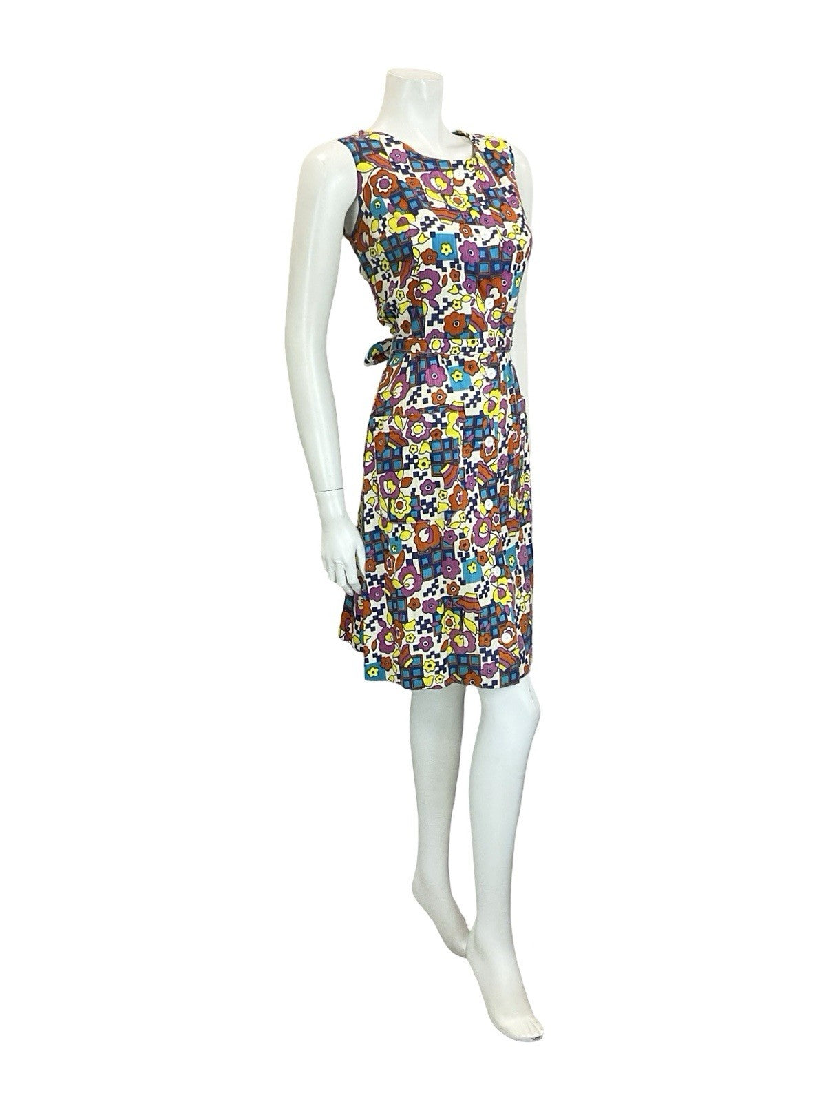 VTG 60S 70S MOD WHITE BLUE PINK YELLOW GEOMETRIC FLORAL BELTED SUN DRESS 10 12