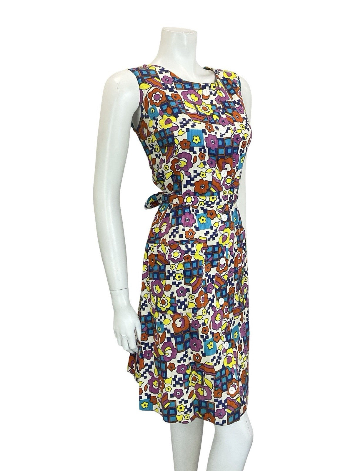VTG 60S 70S MOD WHITE BLUE PINK YELLOW GEOMETRIC FLORAL BELTED SUN DRESS 10 12
