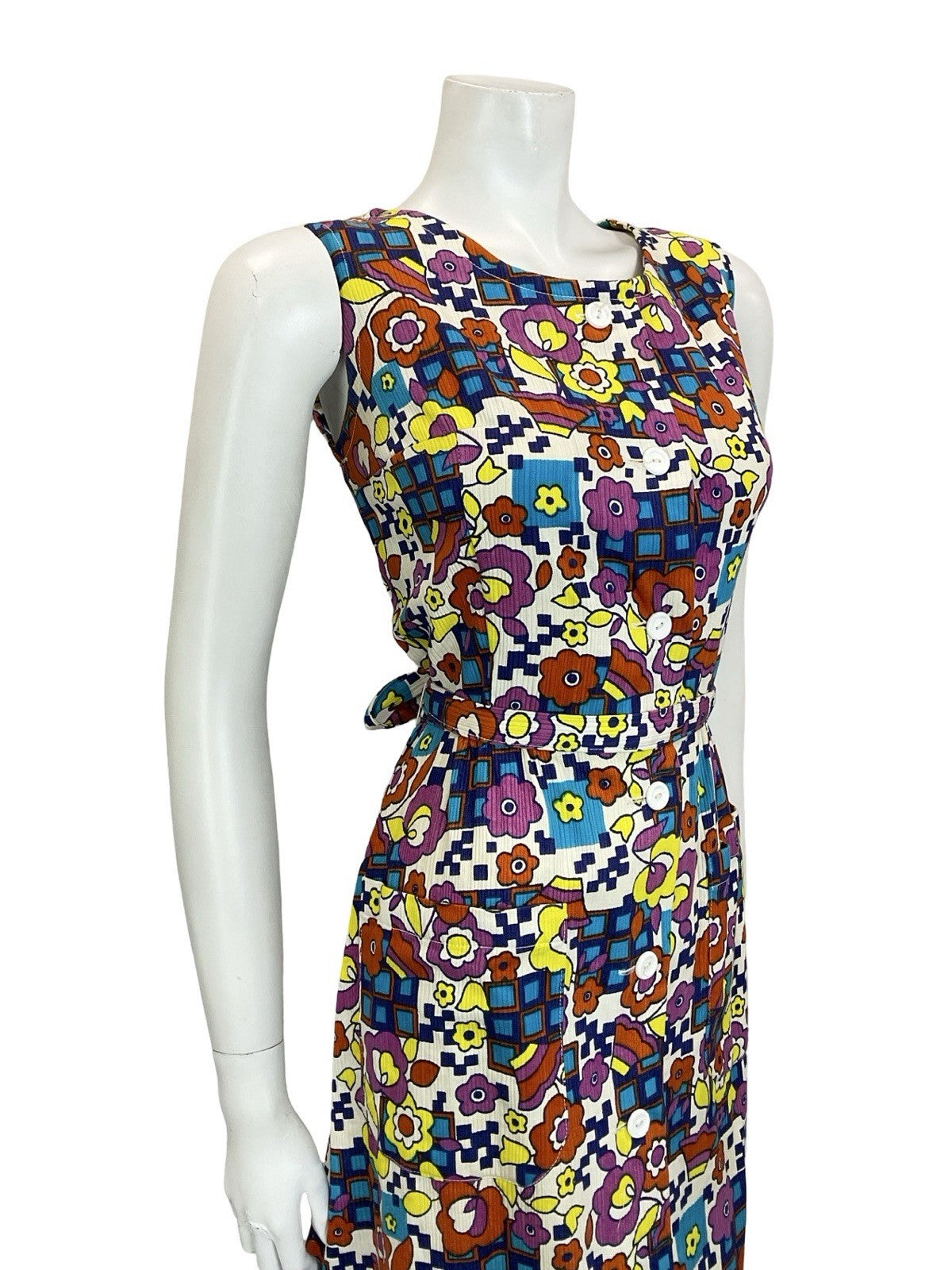 VTG 60S 70S MOD WHITE BLUE PINK YELLOW GEOMETRIC FLORAL BELTED SUN DRESS 10 12