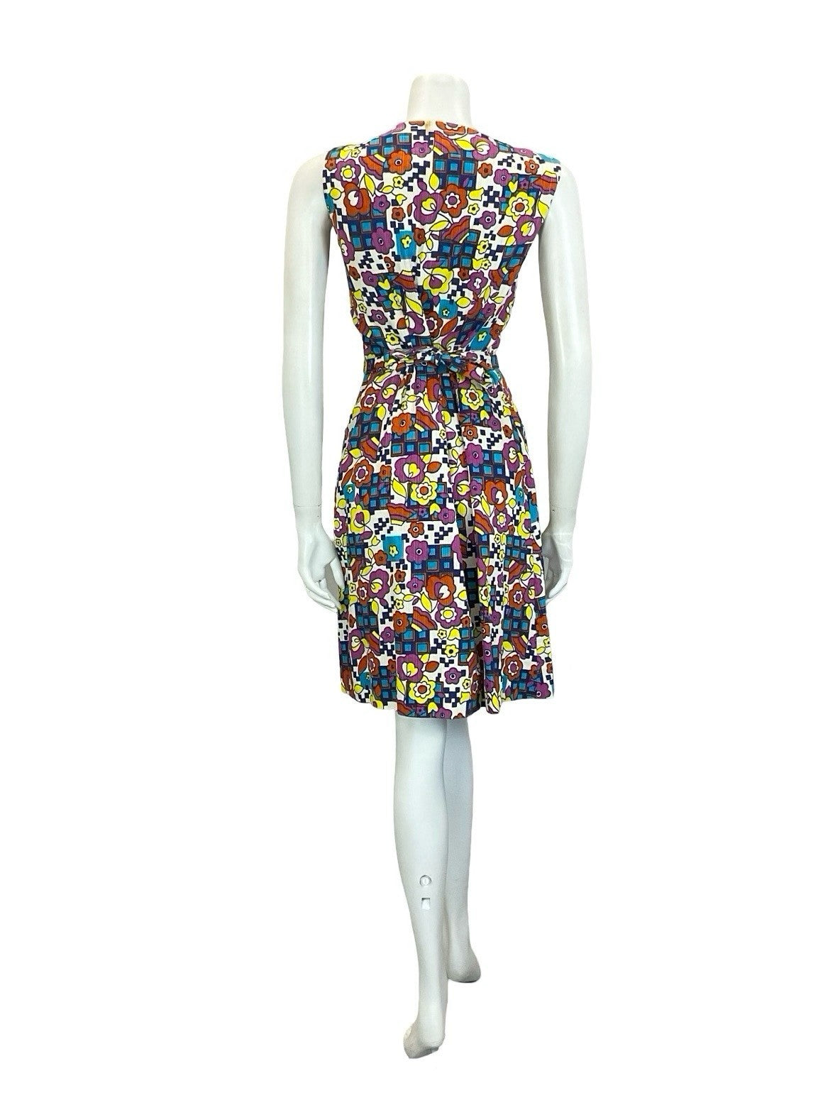 VTG 60S 70S MOD WHITE BLUE PINK YELLOW GEOMETRIC FLORAL BELTED SUN DRESS 10 12