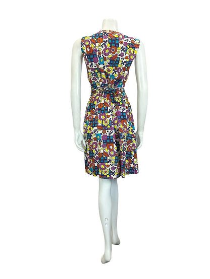 VTG 60S 70S MOD WHITE BLUE PINK YELLOW GEOMETRIC FLORAL BELTED SUN DRESS 10 12