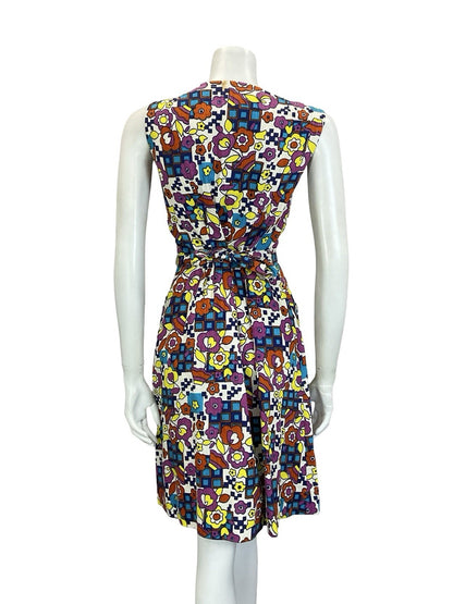 VTG 60S 70S MOD WHITE BLUE PINK YELLOW GEOMETRIC FLORAL BELTED SUN DRESS 10 12