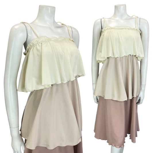 VTG 70S CREAM BROWN TIERED RUFFLE FLOATY COLOUR BLOCK DRESS 6 8 10 12
