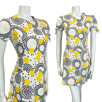 VTG 60S 70S WHITE BLUE YELLOW GEOMETRIC DOT PUFF SLEEVE PLEATED MINI DRESS 12