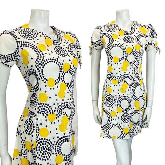 VTG 60S 70S WHITE BLUE YELLOW GEOMETRIC DOT PUFF SLEEVE PLEATED MINI DRESS 12