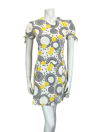 VTG 60S 70S WHITE BLUE YELLOW GEOMETRIC DOT PUFF SLEEVE PLEATED MINI DRESS 12