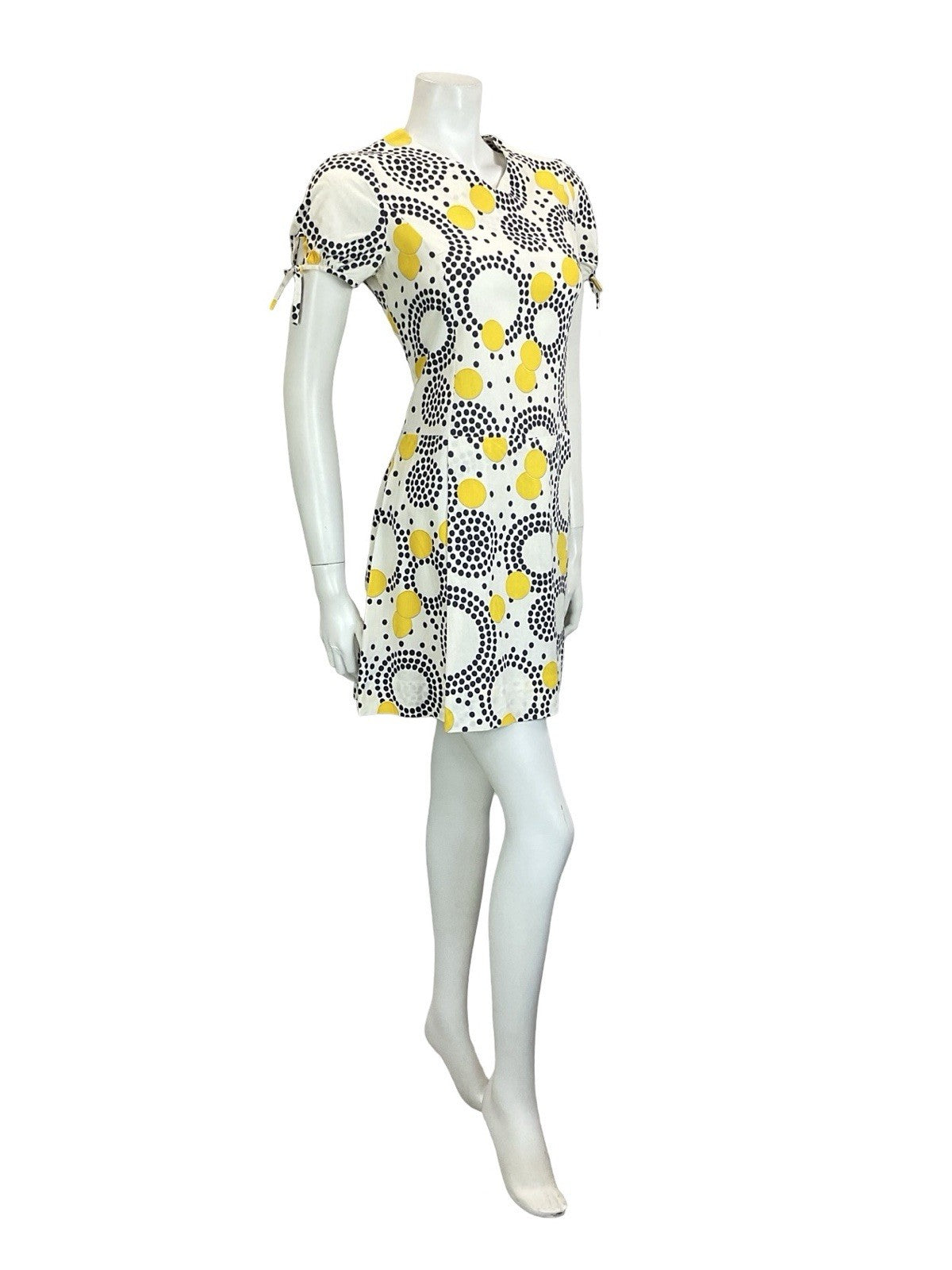 VTG 60S 70S WHITE BLUE YELLOW GEOMETRIC DOT PUFF SLEEVE PLEATED MINI DRESS 12