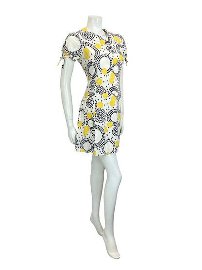 VTG 60S 70S WHITE BLUE YELLOW GEOMETRIC DOT PUFF SLEEVE PLEATED MINI DRESS 12