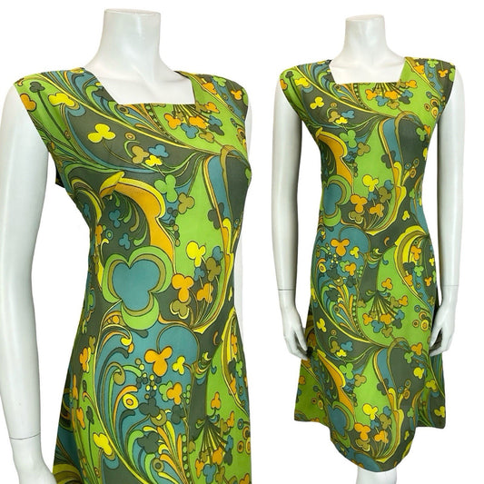 VTG 60S MOD PSYCHEDELIC GREEN YELLOW ORANGE BLUE SWIRL CLOVER SHIFT DRESS 14