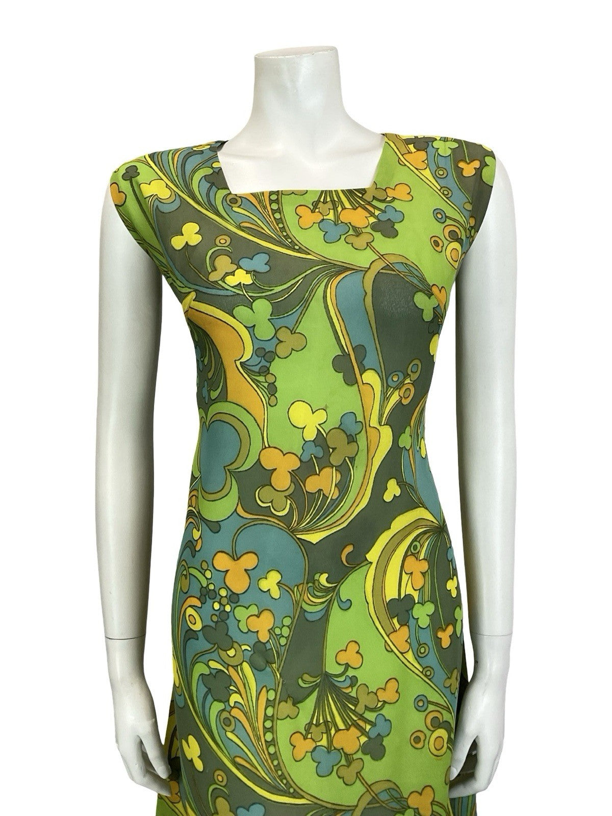 VTG 60S MOD PSYCHEDELIC GREEN YELLOW ORANGE BLUE SWIRL CLOVER SHIFT DRESS 14
