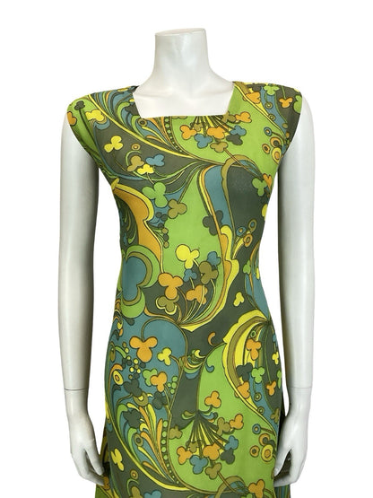 VTG 60S MOD PSYCHEDELIC GREEN YELLOW ORANGE BLUE SWIRL CLOVER SHIFT DRESS 14
