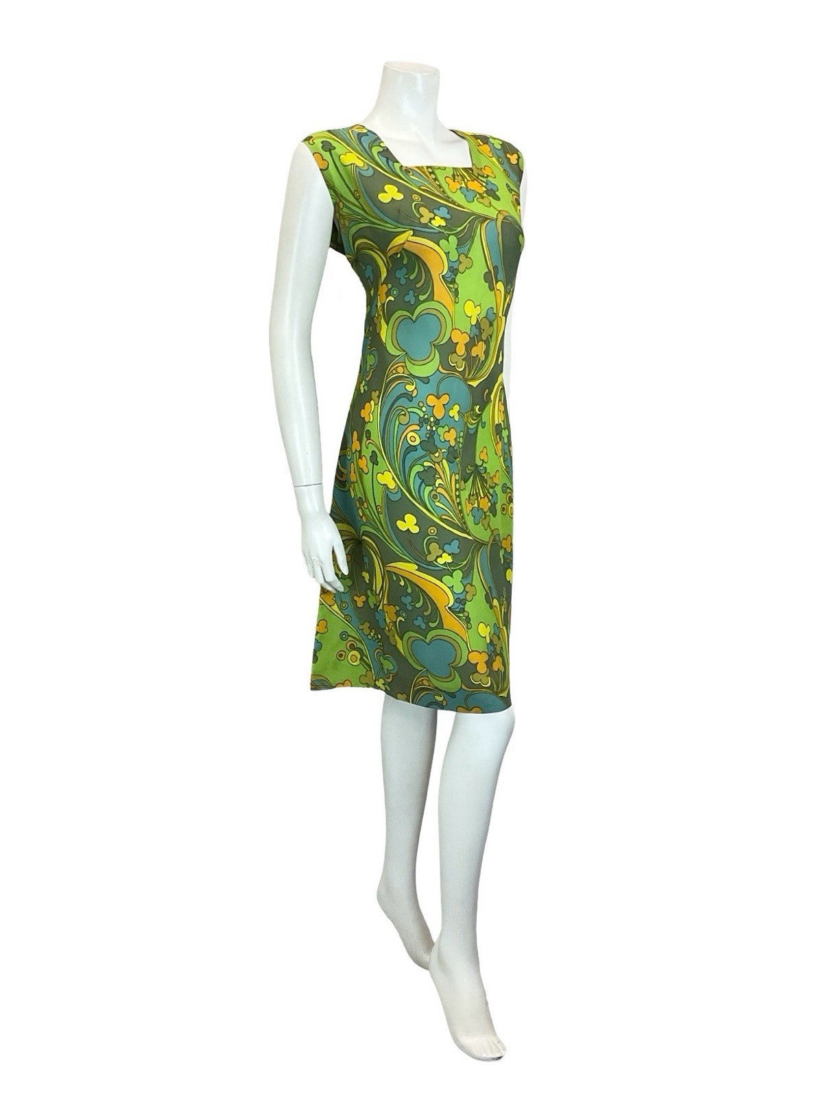 VTG 60S MOD PSYCHEDELIC GREEN YELLOW ORANGE BLUE SWIRL CLOVER SHIFT DRESS 14