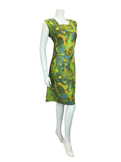 VTG 60S MOD PSYCHEDELIC GREEN YELLOW ORANGE BLUE SWIRL CLOVER SHIFT DRESS 14