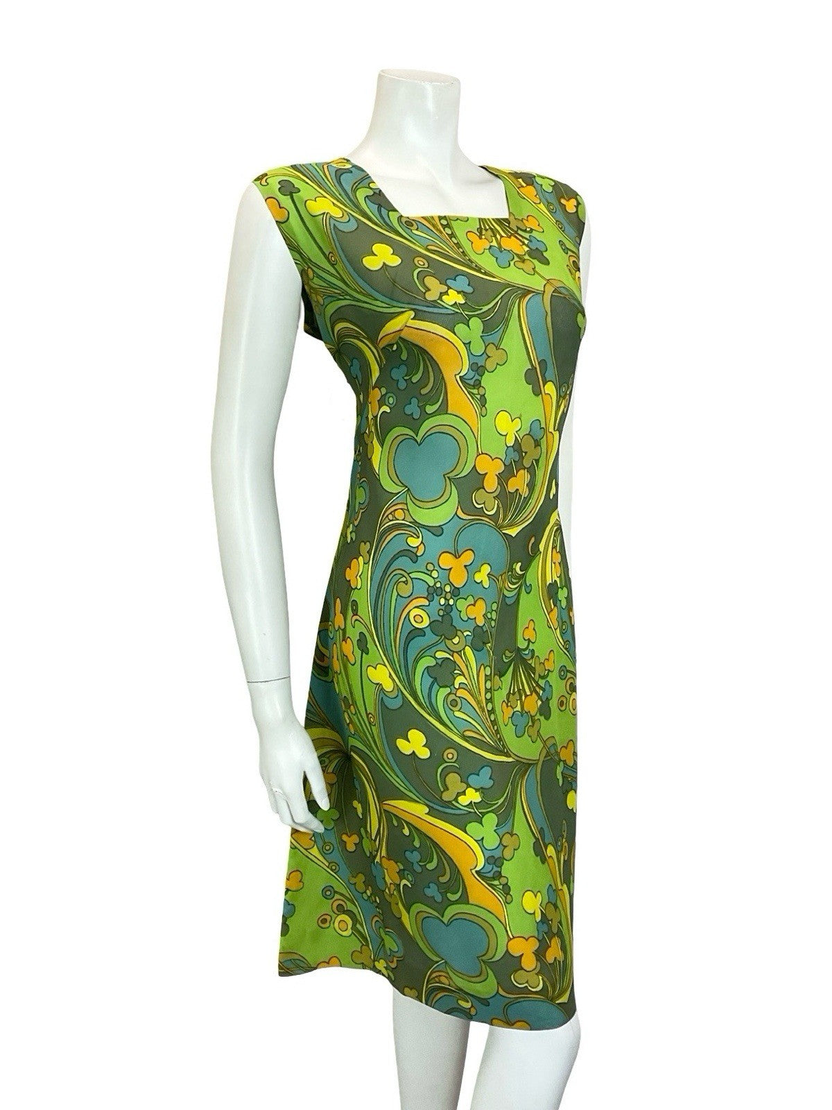 VTG 60S MOD PSYCHEDELIC GREEN YELLOW ORANGE BLUE SWIRL CLOVER SHIFT DRESS 14