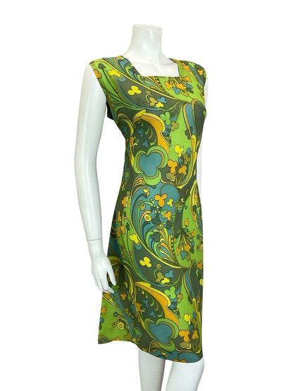 VTG 60S MOD PSYCHEDELIC GREEN YELLOW ORANGE BLUE SWIRL CLOVER SHIFT DRESS 14