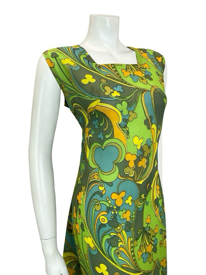 VTG 60S MOD PSYCHEDELIC GREEN YELLOW ORANGE BLUE SWIRL CLOVER SHIFT DRESS 14