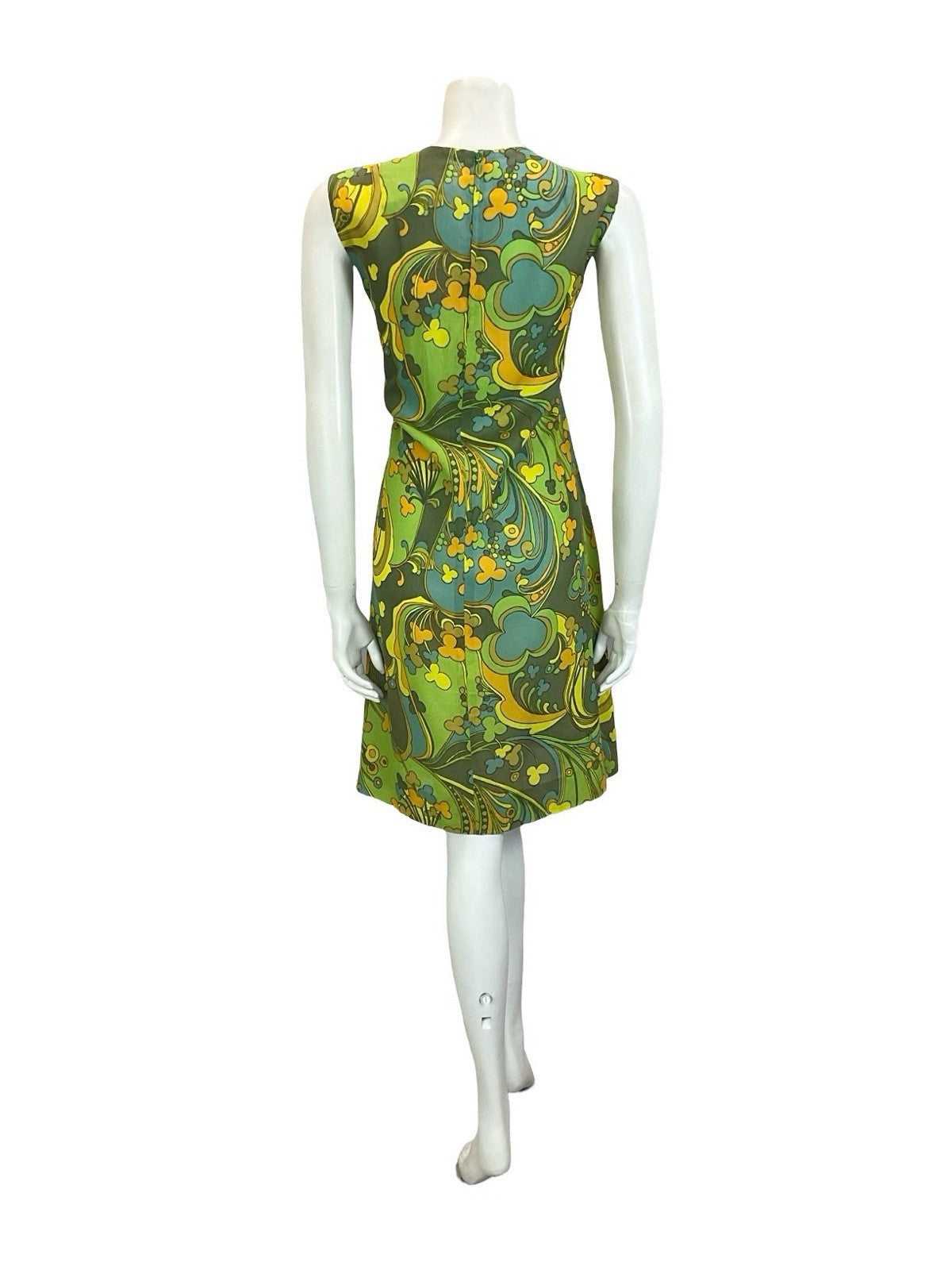 VTG 60S MOD PSYCHEDELIC GREEN YELLOW ORANGE BLUE SWIRL CLOVER SHIFT DRESS 14