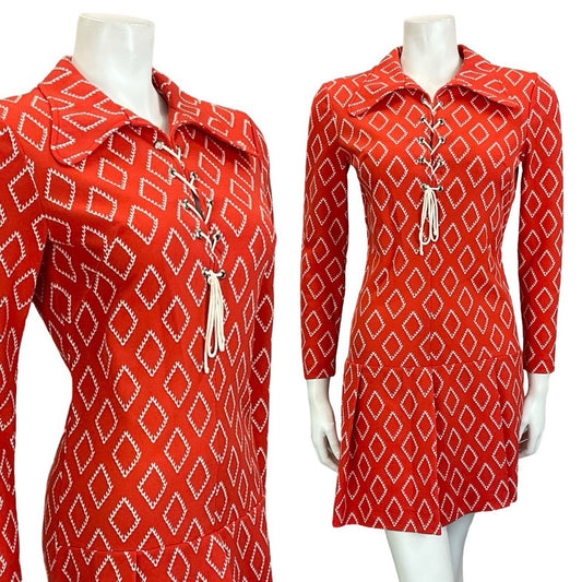 VTG 60S 70S RED WHITE DIAMOND LACE UP DOG EAR DROPPED WAIST SHIRT DRESS 8 10