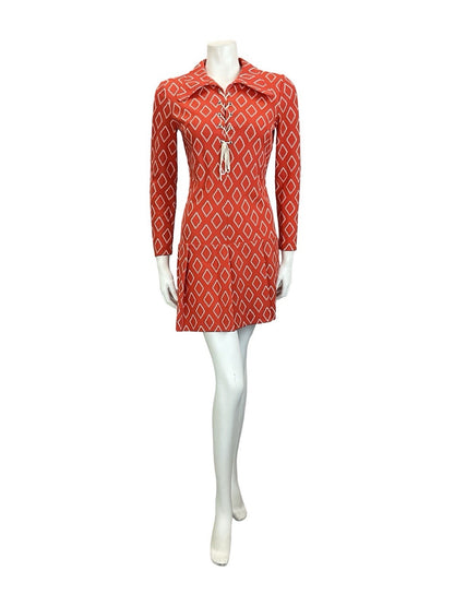 VTG 60S 70S RED WHITE DIAMOND LACE UP DOG EAR DROPPED WAIST SHIRT DRESS 8 10