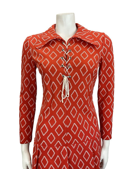 VTG 60S 70S RED WHITE DIAMOND LACE UP DOG EAR DROPPED WAIST SHIRT DRESS 8 10