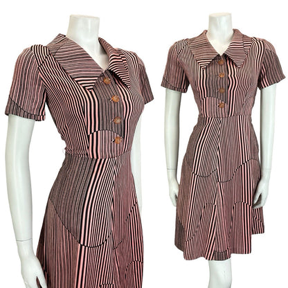 VTG 60S 70S PINK BLACK GEOMETRIC STRIPED DAGGER COLLAR A LINE SHIRT DRESS 10