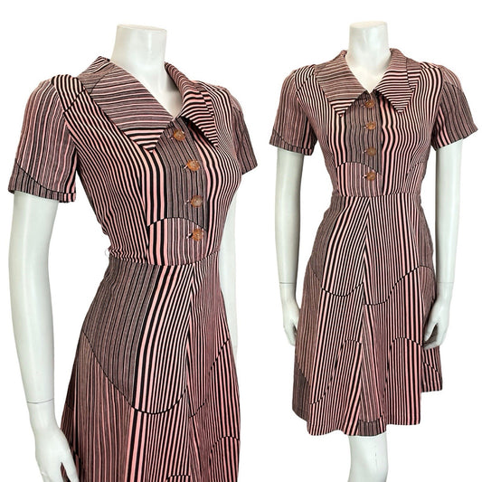 VTG 60S 70S PINK BLACK GEOMETRIC STRIPED DAGGER COLLAR A LINE SHIRT DRESS 10