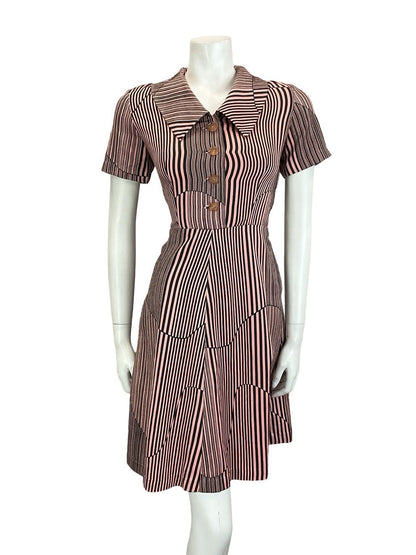 VTG 60S 70S PINK BLACK GEOMETRIC STRIPED DAGGER COLLAR A LINE SHIRT DRESS 10