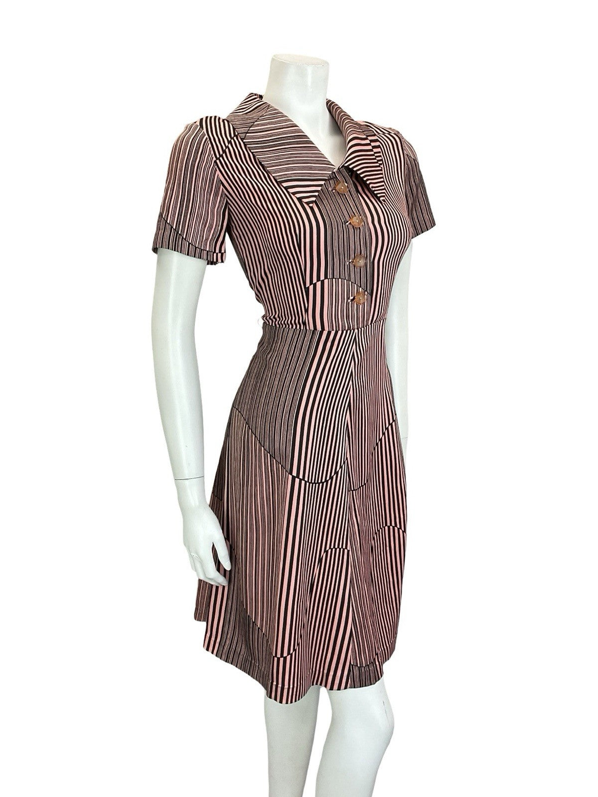 VTG 60S 70S PINK BLACK GEOMETRIC STRIPED DAGGER COLLAR A LINE SHIRT DRESS 10